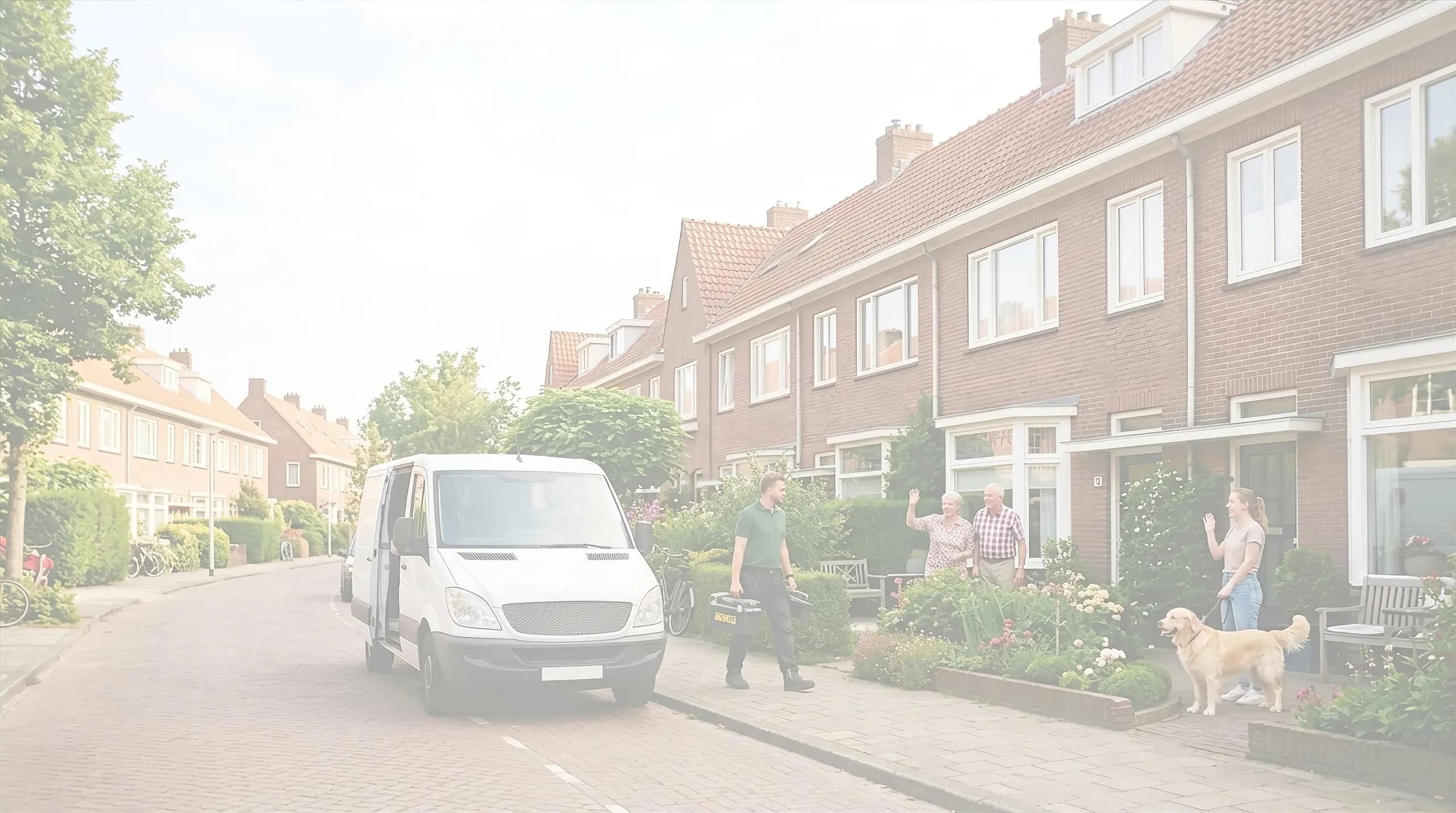 Buren in een straat met een werkbus voor de deur